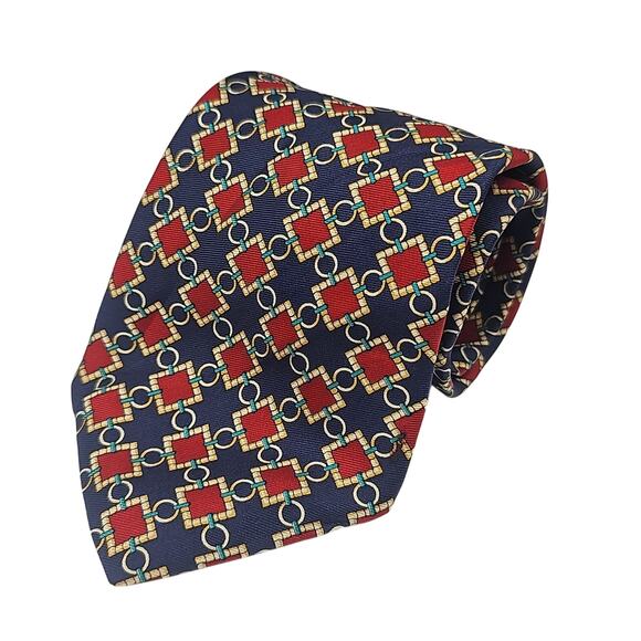 Scully & Scully Geometric Tie Mens Abstract Red Blue Gold Silk England 57.6" - Picture 2 of 6